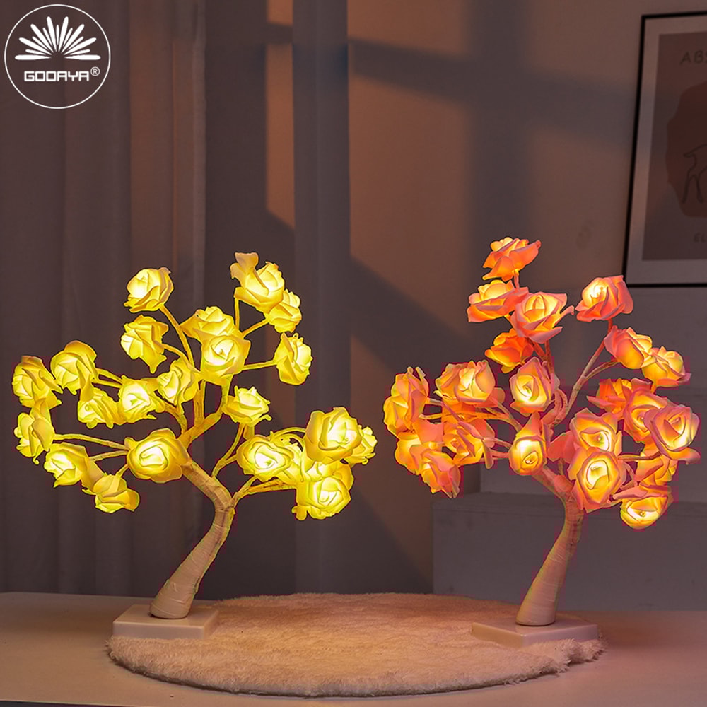 LED Rose Blossom Tree Night Light Tabletop Bonsai Tree Lamp USB Artificial Flower Christmas Home De 0
