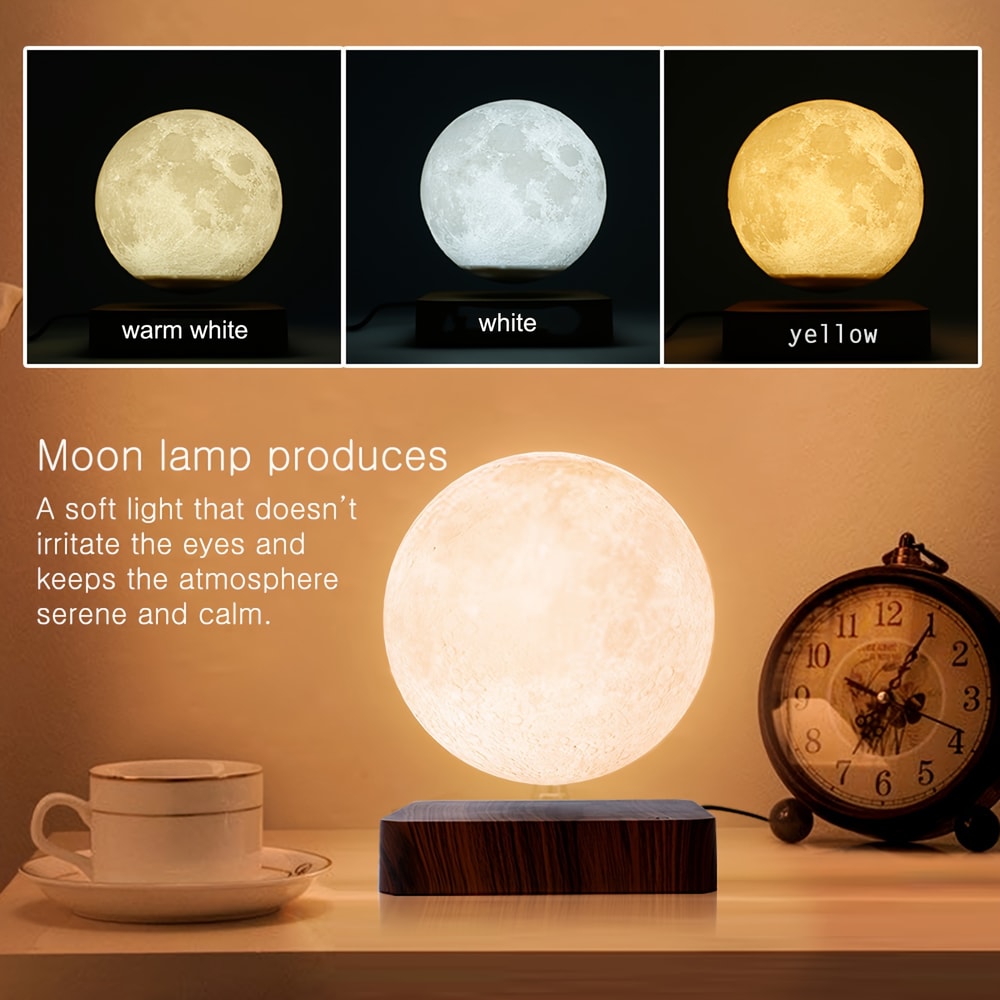 Creative Table 3D LED Lamp with Wooden Base, Levitating Moon Magnetic Floating Night Light for Office and Gift