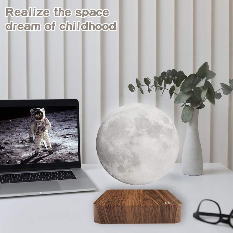 Creative Table 3D LED Lamp with Wooden Base, Levitating Moon Magnetic Floating Night Light for Office and Gift