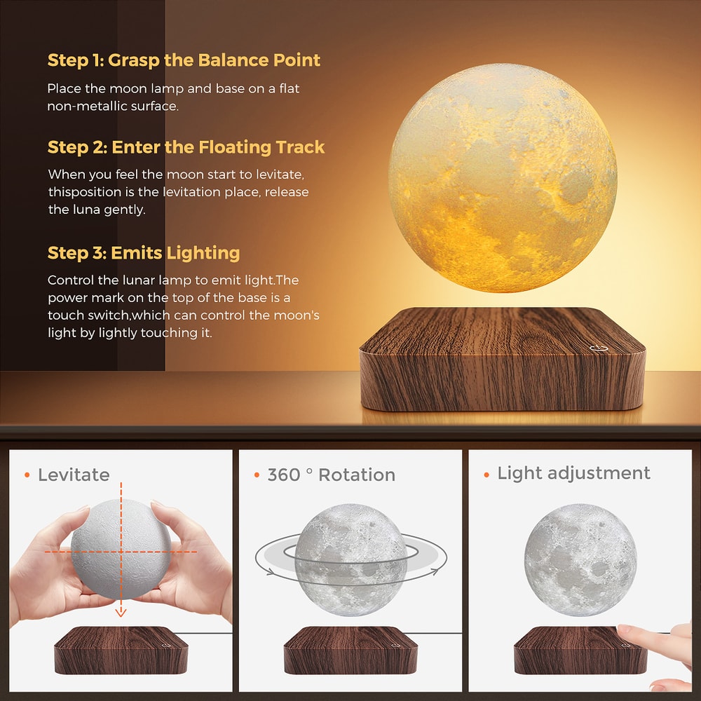 Creative Table 3D LED Lamp with Wooden Base, Levitating Moon Magnetic Floating Night Light for Office and Gift