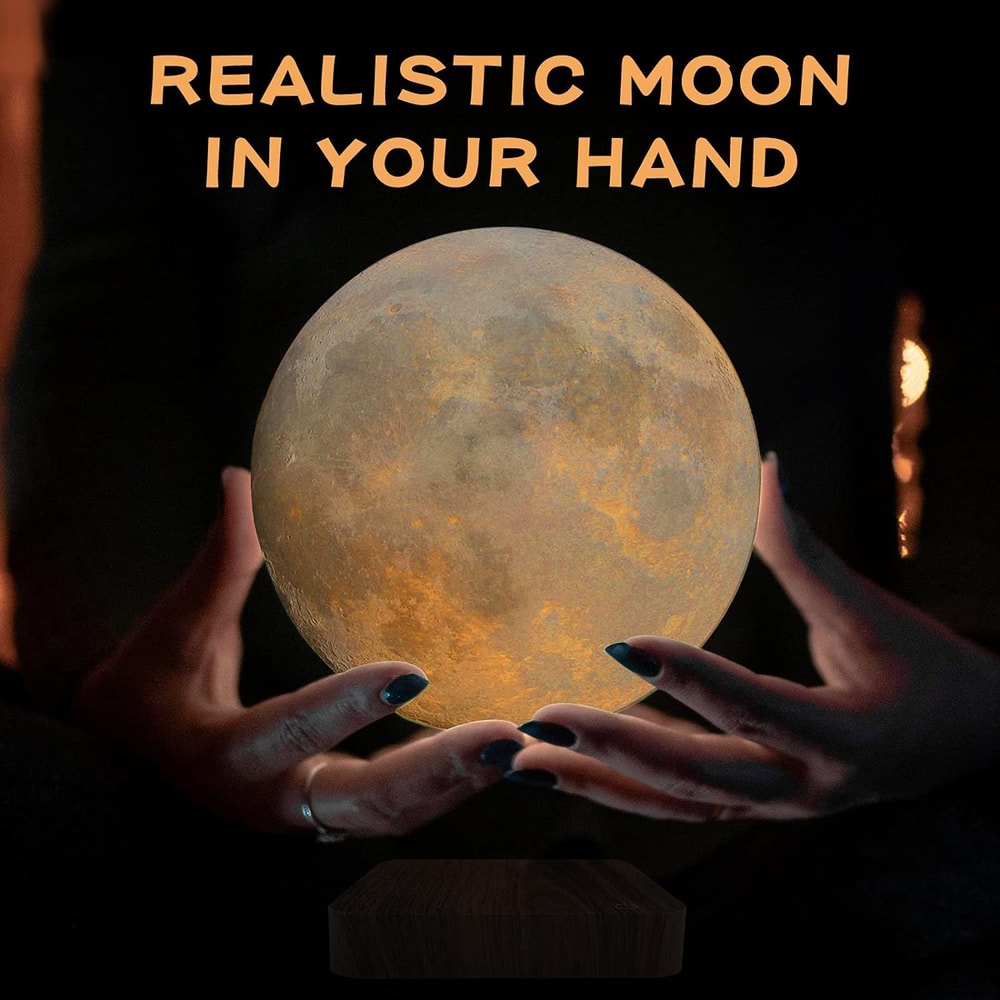 Creative Table 3D LED Lamp with Wooden Base, Levitating Moon Magnetic Floating Night Light for Office and Gift
