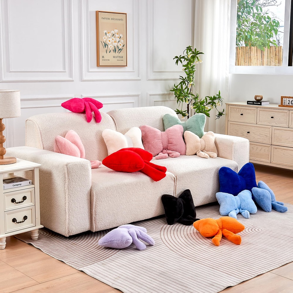 Cute Dusty Pink Bow Throw Pillows Soft Faux Rabbit Fur Aesthetic Home Decor Decorative Bow Pillow 2