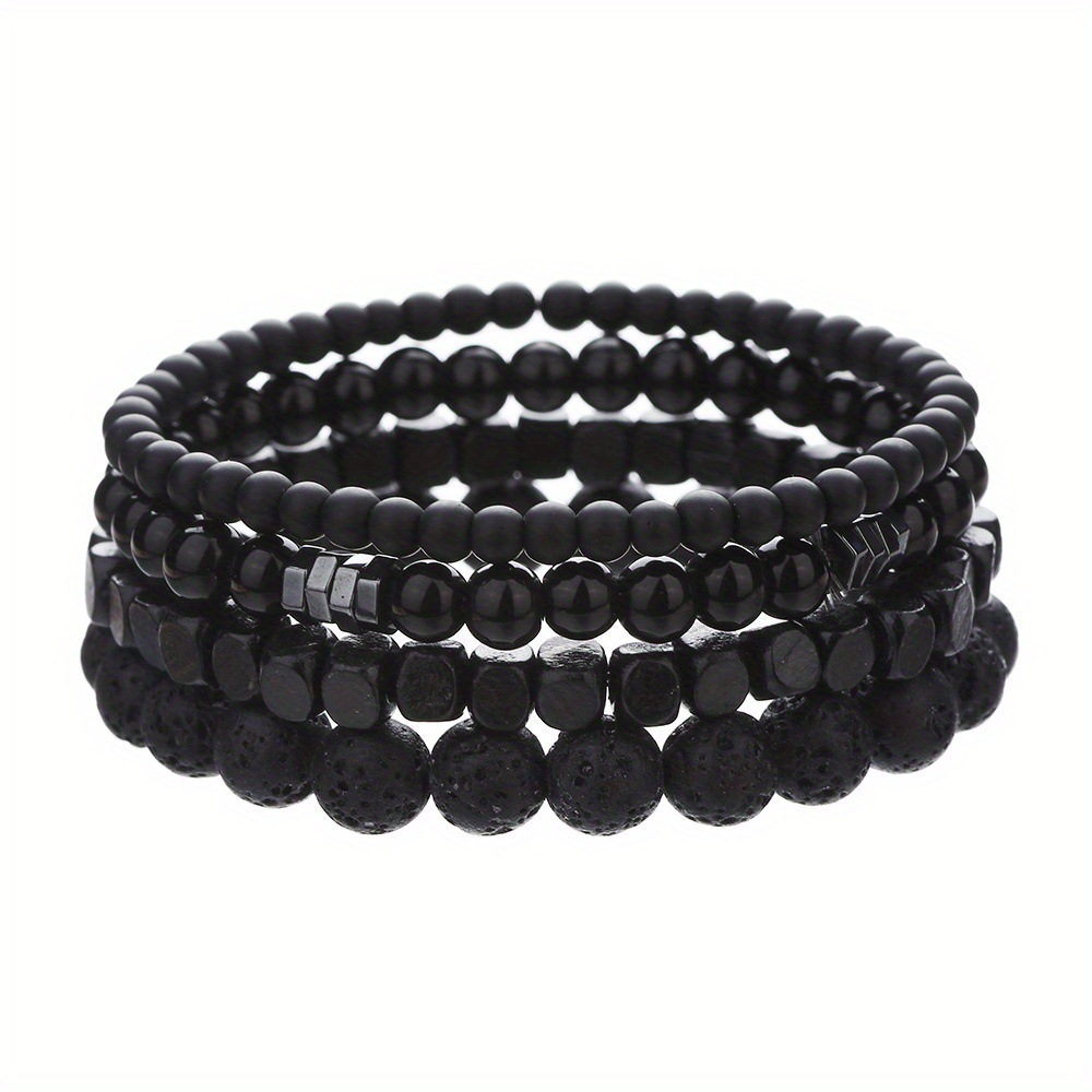 Wood Lava Rock Beads Elastic Bracelet Set For Men Women Black Volcanic Stone Couple Friends Punk Je 0