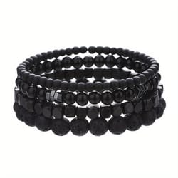 wood lava rock beads elastic bracelet set for men women black volcanic stone couple friends punk jewelry gift