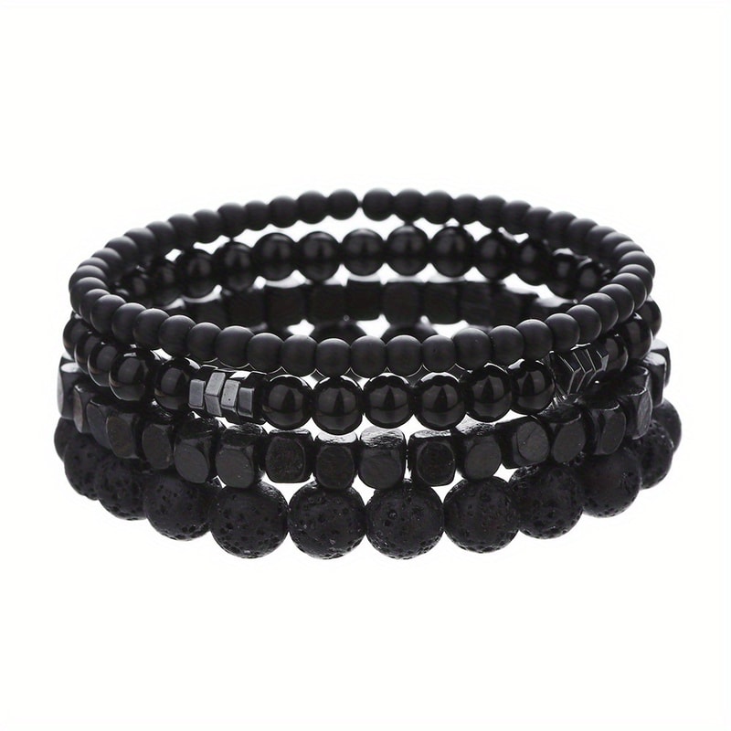 Wood Lava Rock Beads Elastic Bracelet Set For Men Women Black Volcanic Stone Couple Friends Punk Je 0