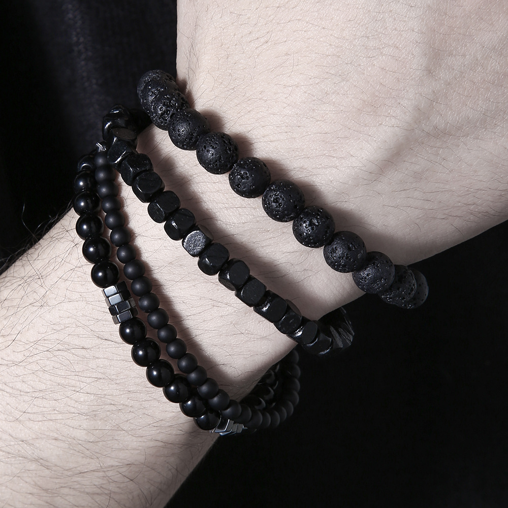 Wood Lava Rock Beads Elastic Bracelet Set For Men Women Black Volcanic Stone Couple Friends Punk Je 2