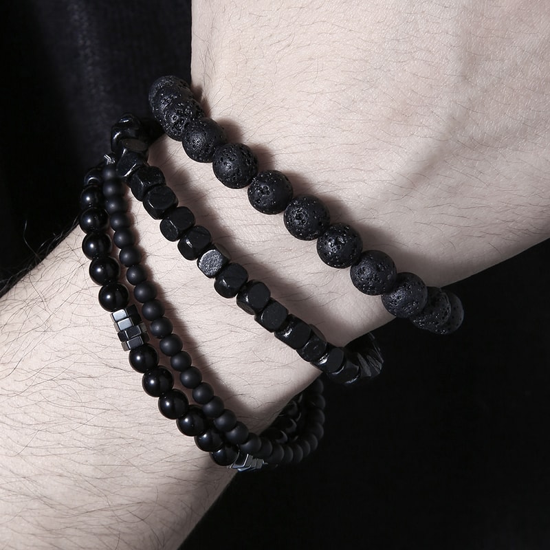 Wood Lava Rock Beads Elastic Bracelet Set For Men Women Black Volcanic Stone Couple Friends Punk Je 2