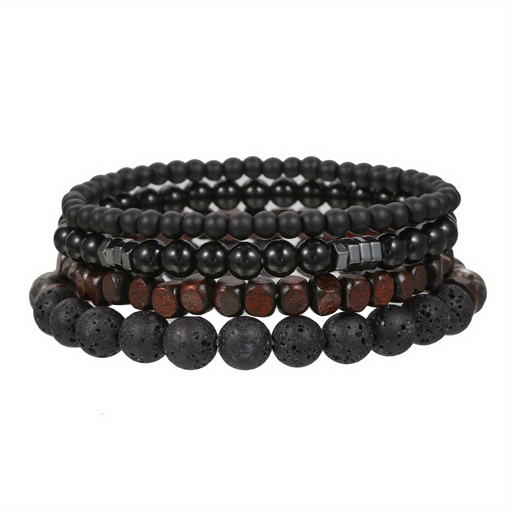 Wood Lava Rock Beads Elastic Bracelet Set For Men Women Black Volcanic Stone Couple Friends Punk Je 5