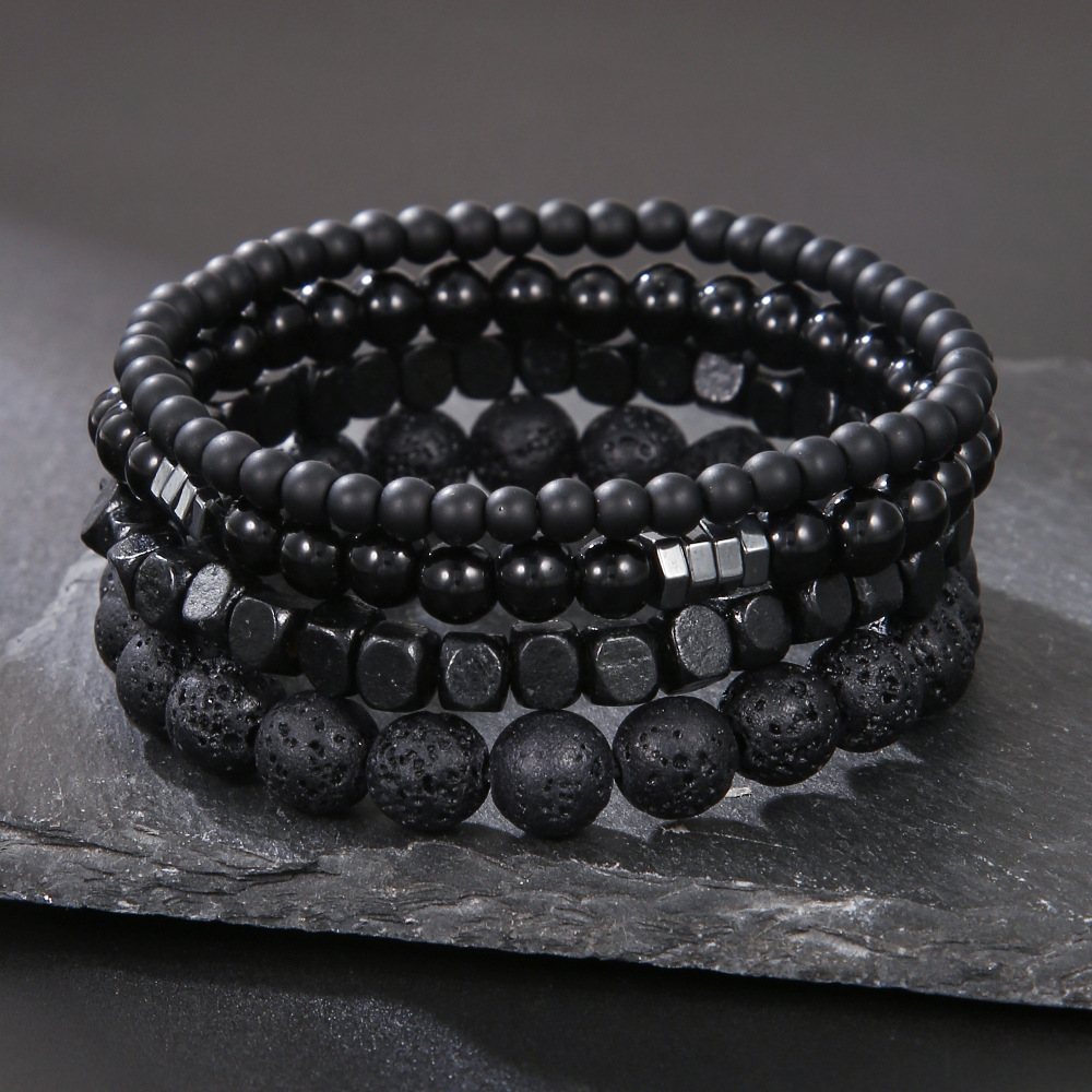 Wood Lava Rock Beads Elastic Bracelet Set For Men Women Black Volcanic Stone Couple Friends Punk Je 3