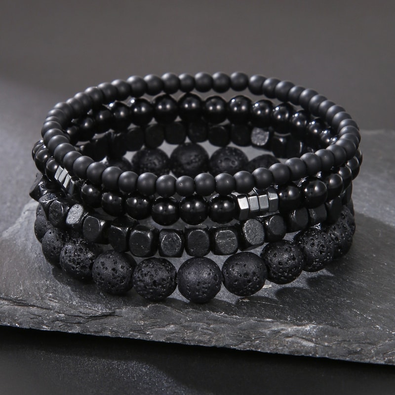Wood Lava Rock Beads Elastic Bracelet Set For Men Women Black Volcanic Stone Couple Friends Punk Je 3