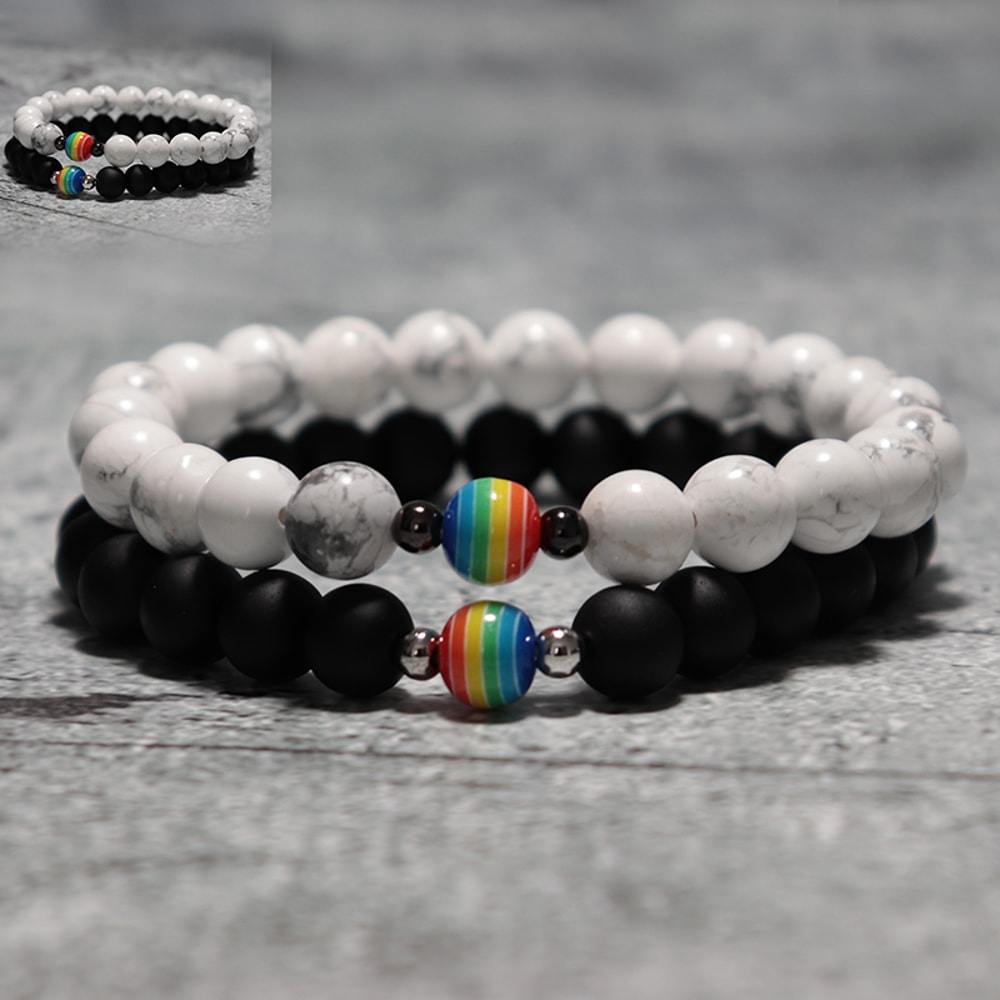 Rainbow LGBT Natural Frosted Stone Bracelet for Male Female Distance Couples Yoga Meditation Armband Jewelry