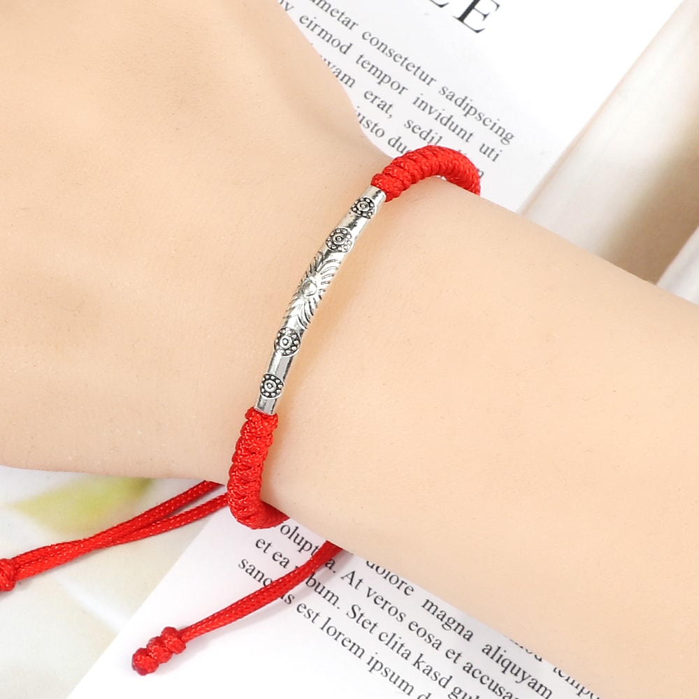 Handmade Woven Lucky Rope Chain Bangle Bohemia Long Tube Carved Flower Pendant Bracelet Jewelry Gif 2