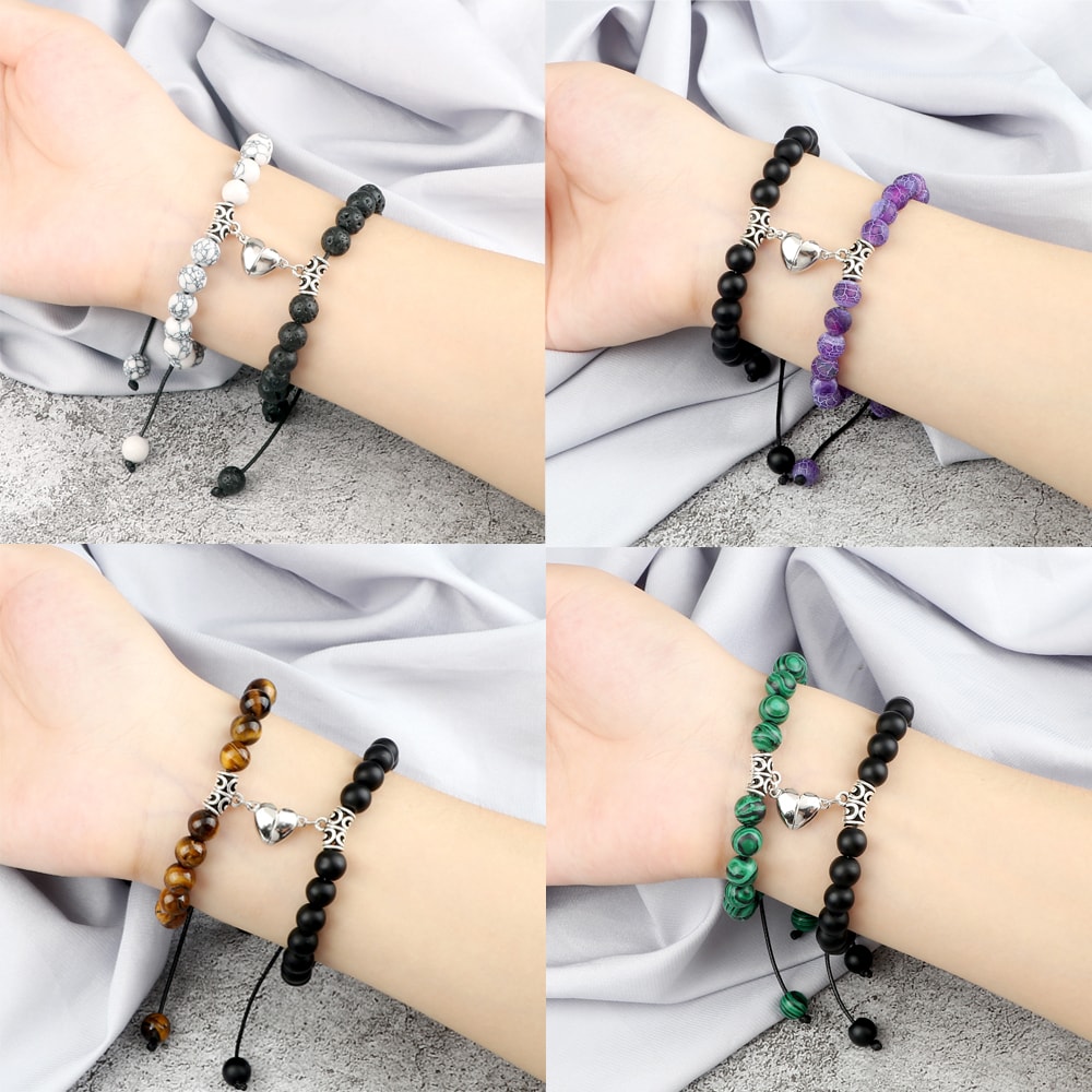 Natural Stone Beads Couple Distance Bracelets Set Braided Bracelet Lovers Heart Magnet Adjustable B 4