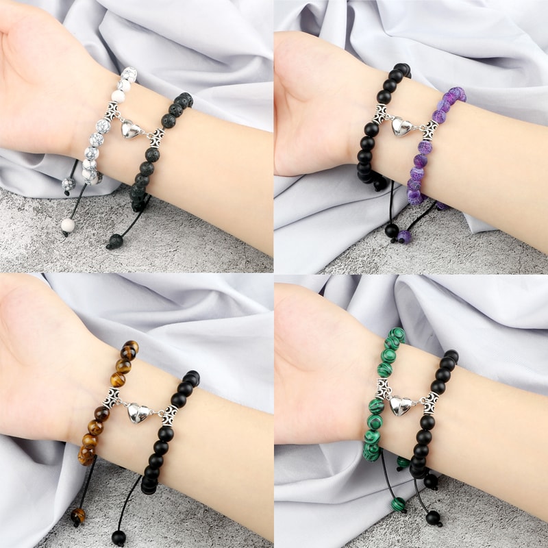 Natural Stone Beads Couple Distance Bracelets Set Braided Bracelet Lovers Heart Magnet Adjustable B 4