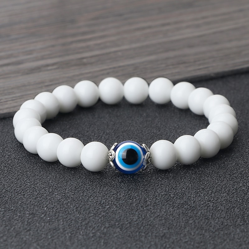 Tiger Eye Beaded Bracelet With Natural White Porcelain Flower Spacer Evil Eye Distance Couple Elast 1