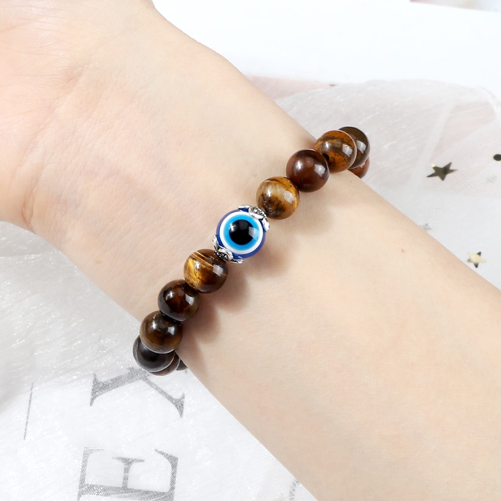Tiger Eye Beaded Bracelet With Natural White Porcelain Flower Spacer Evil Eye Distance Couple Elast 2