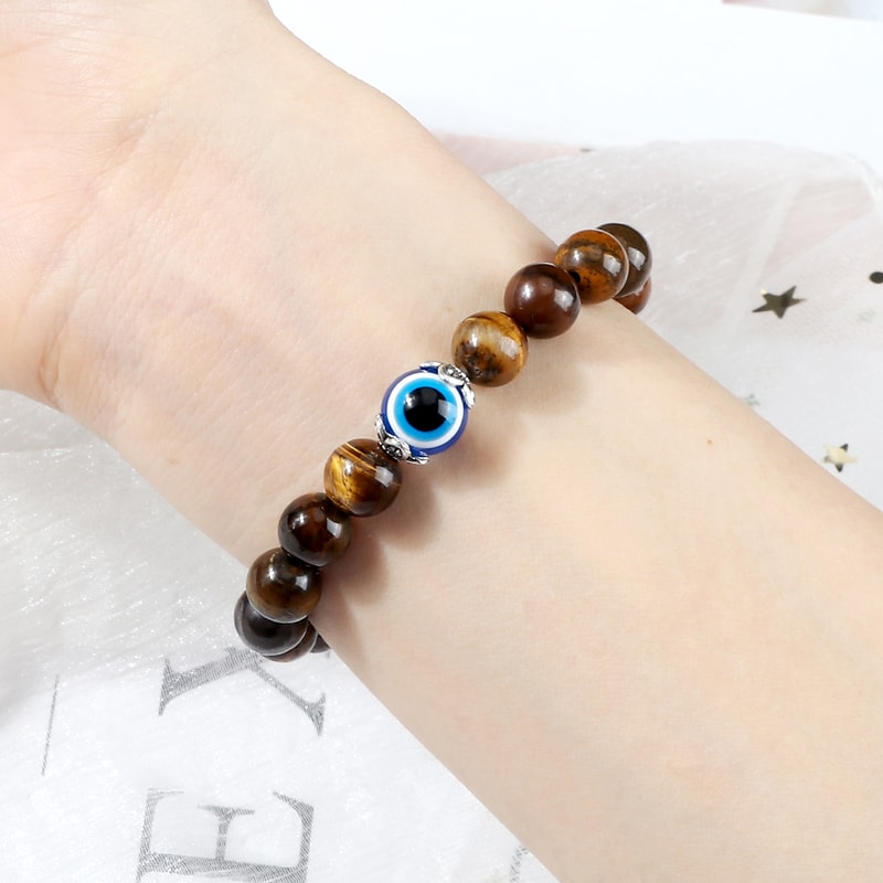 Tiger Eye Beaded Bracelet With Natural White Porcelain Flower Spacer Evil Eye Distance Couple Elast 2