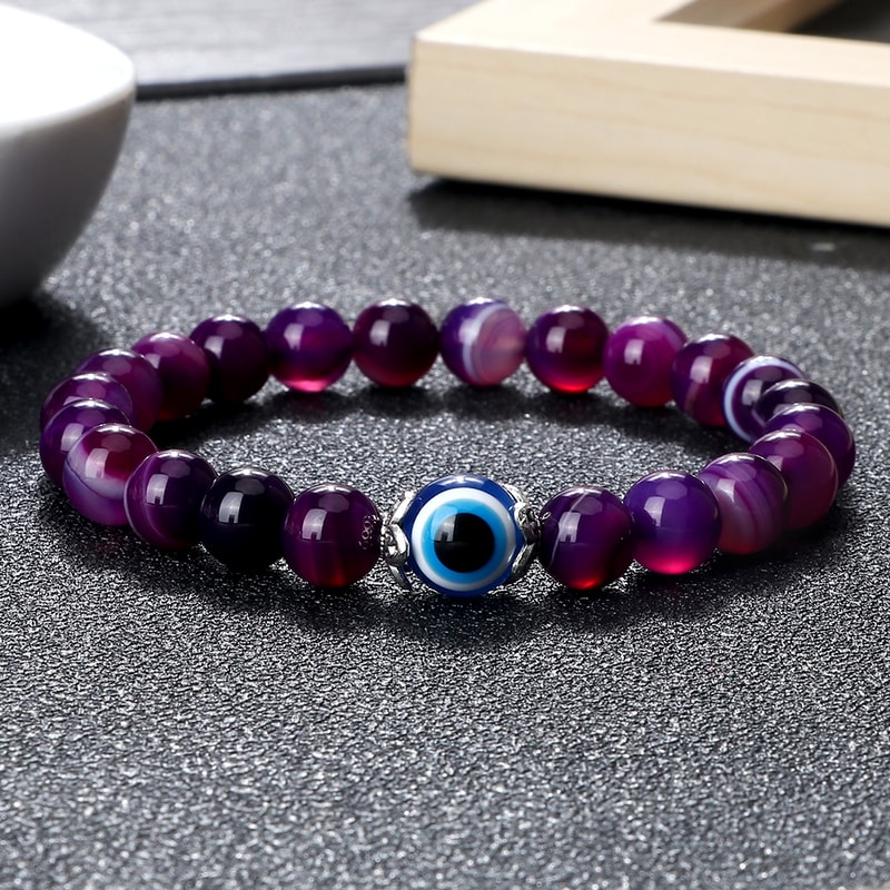 Tiger Eye Beaded Bracelet With Natural White Porcelain Flower Spacer Evil Eye Distance Couple Elast 4