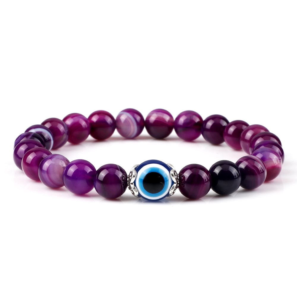 Tiger Eye Beaded Bracelet With Natural White Porcelain Flower Spacer Evil Eye Distance Couple Elast 8