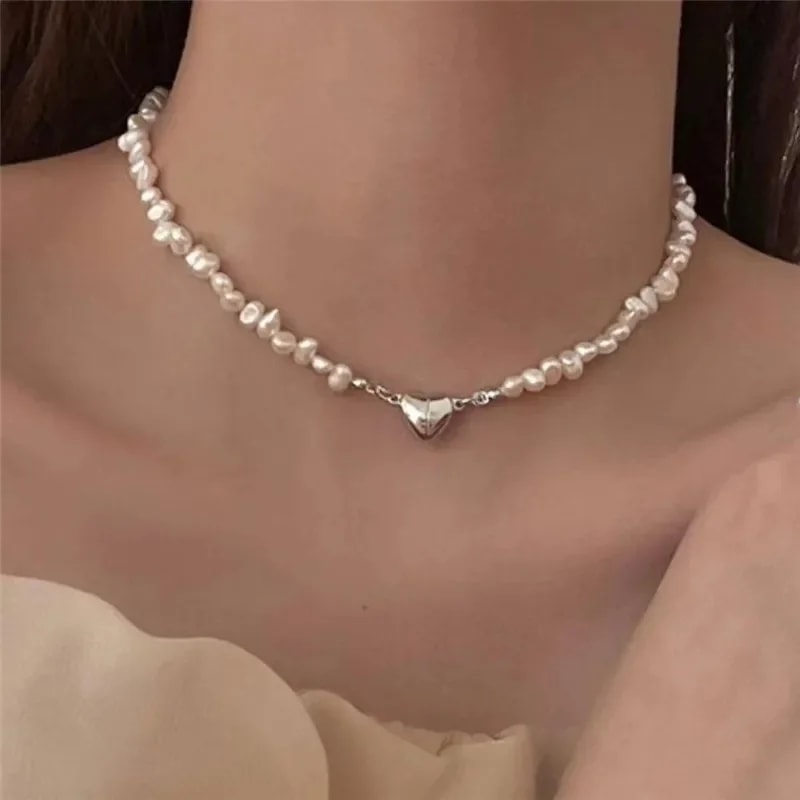 Magnetic Heart Pearl Choker Necklace Elegant Chain Jewelry For Women Girls Bridal Engagement Gift 4