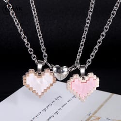 love heart shaped pendant necklace mosaic magnetic design, valentine day fashion jewelry, trendy cute couple necklace