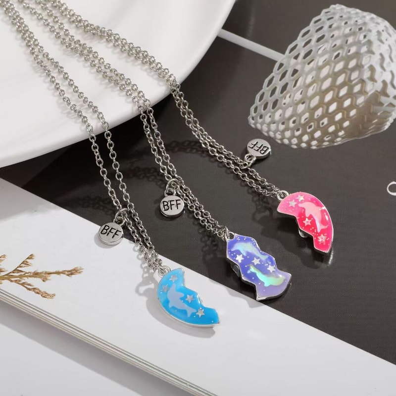 Stitching Heart Magnetic Best Friends Pendant Necklace Colorful Sequins Jewelry Gift For Men Couple 1