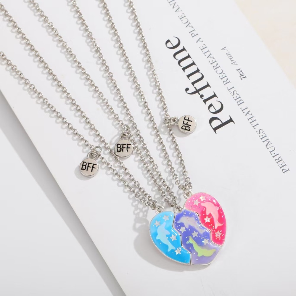 Stitching Heart Magnetic Best Friends Pendant Necklace Colorful Sequins Jewelry Gift For Men Couple 3
