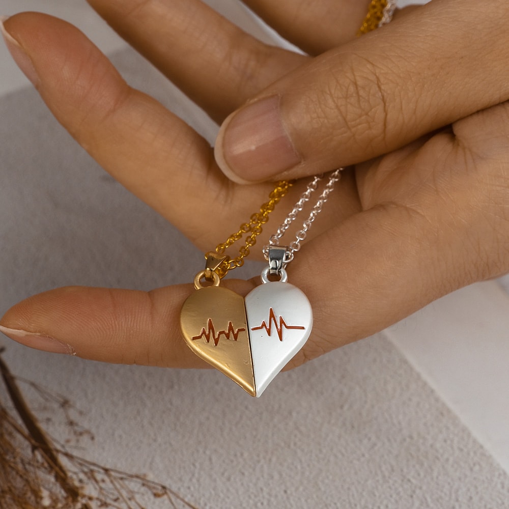 Couple Necklaces for Lovers Boys Girls, Electrocardiogram Magnetic Heart Pendant, Stainless Steel Valentines Day Jewelry