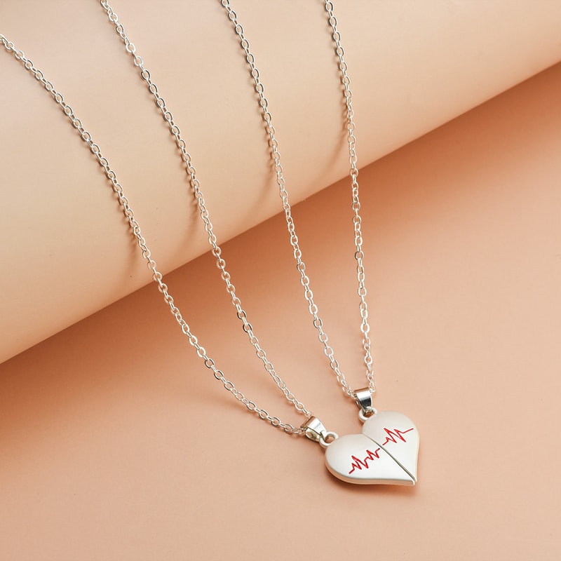 Couple Necklaces for Lovers Boys Girls, Electrocardiogram Magnetic Heart Pendant, Stainless Steel Valentines Day Jewelry