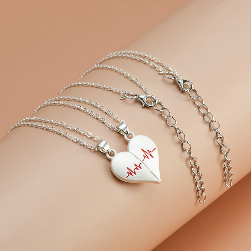Couple Necklaces for Lovers Boys Girls, Electrocardiogram Magnetic Heart Pendant, Stainless Steel Valentines Day Jewelry