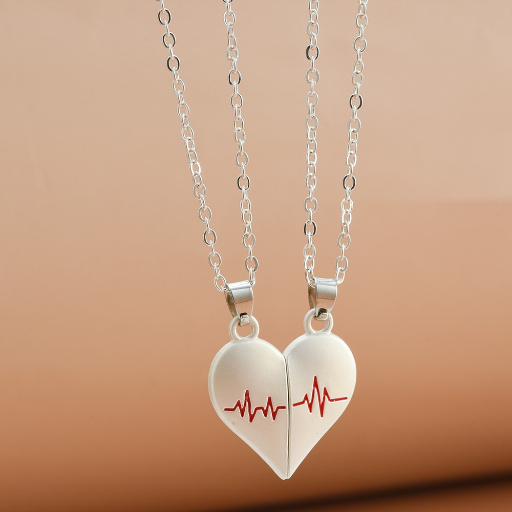 Couple Necklaces for Lovers Boys Girls, Electrocardiogram Magnetic Heart Pendant, Stainless Steel Valentines Day Jewelry