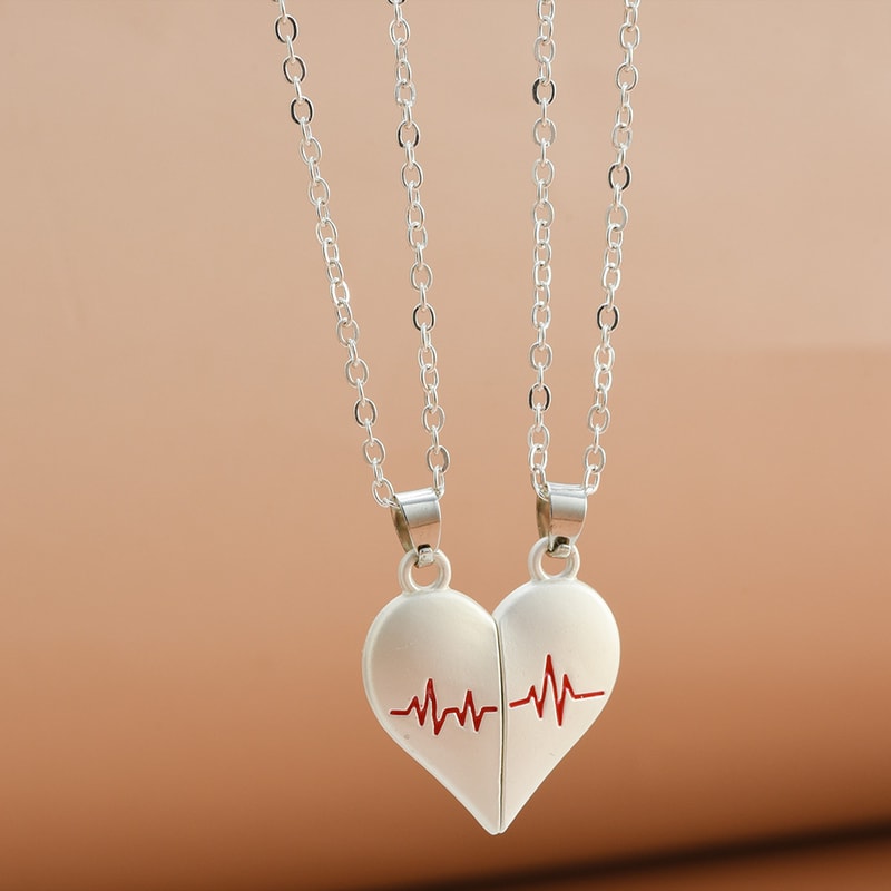 Couple Necklaces for Lovers Boys Girls, Electrocardiogram Magnetic Heart Pendant, Stainless Steel Valentines Day Jewelry