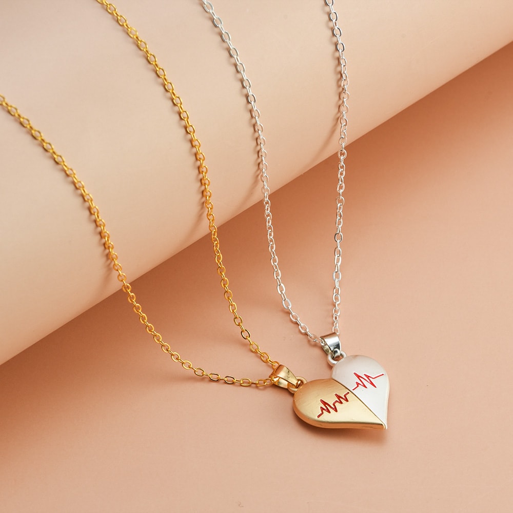 Couple Necklaces for Lovers Boys Girls, Electrocardiogram Magnetic Heart Pendant, Stainless Steel Valentines Day Jewelry
