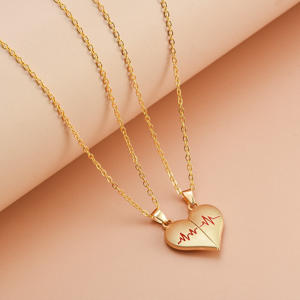 Couple Necklaces for Lovers Boys Girls, Electrocardiogram Magnetic Heart Pendant, Stainless Steel Valentines Day Jewelry