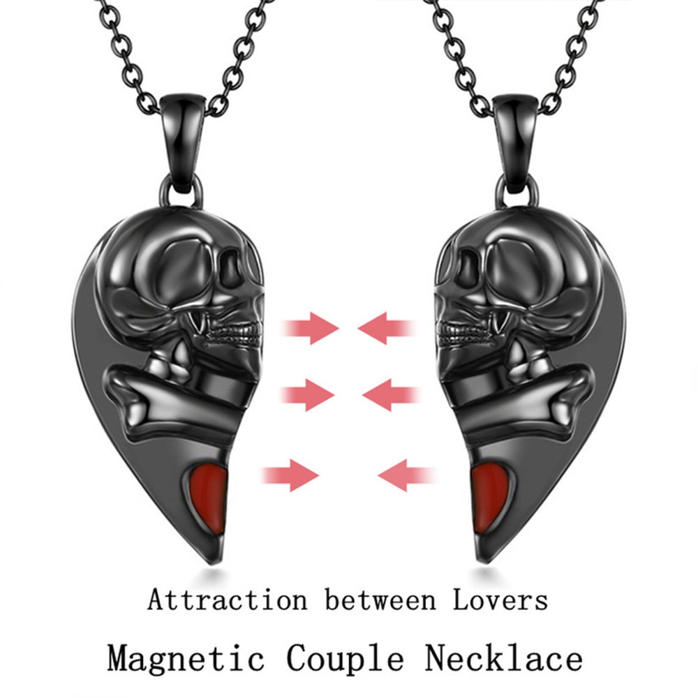 Creative Gothic Punk Skull Red Love Magnetic Heart Necklace Couple Jewelry For Women Men 1
