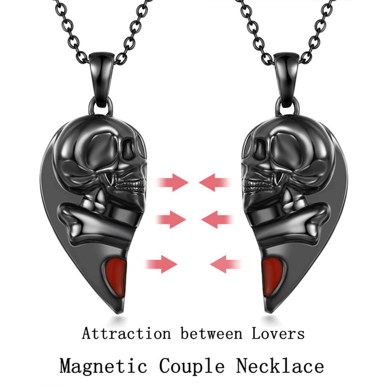 Creative Gothic Punk Skull Red Love Magnetic Heart Necklace Couple Jewelry For Women Men 1