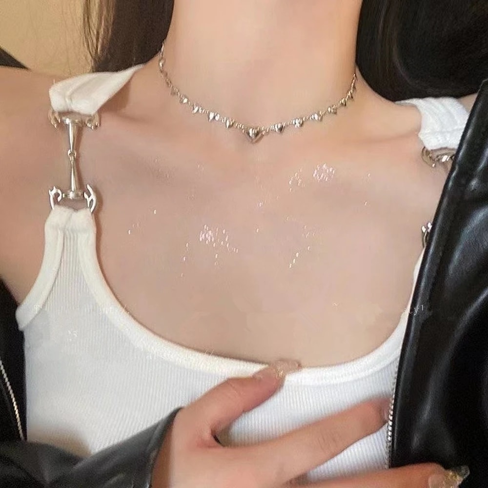 Magnetic Silver Color Heart Pendant Choker Necklace Egirl Aesthetic Goth EMO Accessories Personaliz 2
