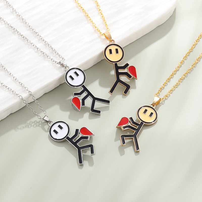 Couple Magnetic Necklace Simple Stickman Charm, Splicing Heart Pendant Jewelry Accessories, Romantic Gift