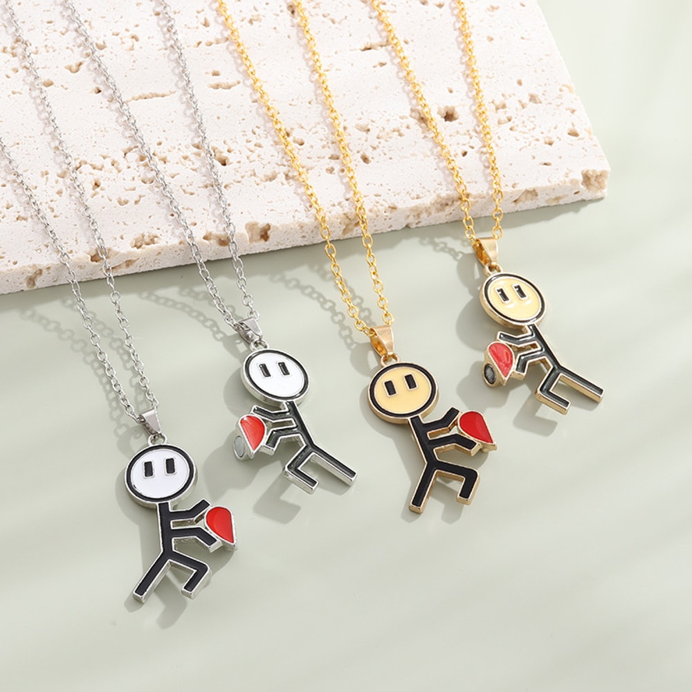 Couple Magnetic Necklace Simple Stickman Charm, Splicing Heart Pendant Jewelry Accessories, Romantic Gift