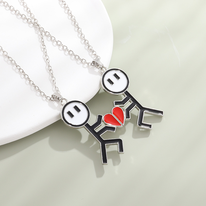 Couple Magnetic Necklace Simple Stickman Charm, Splicing Heart Pendant Jewelry Accessories, Romantic Gift