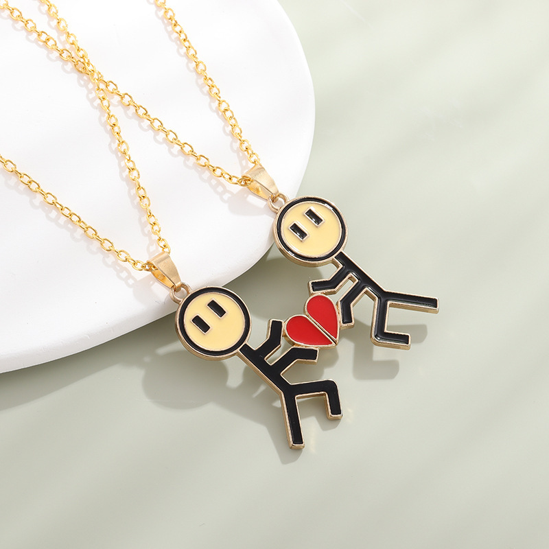 Couple Magnetic Necklace Simple Stickman Charm, Splicing Heart Pendant Jewelry Accessories, Romantic Gift