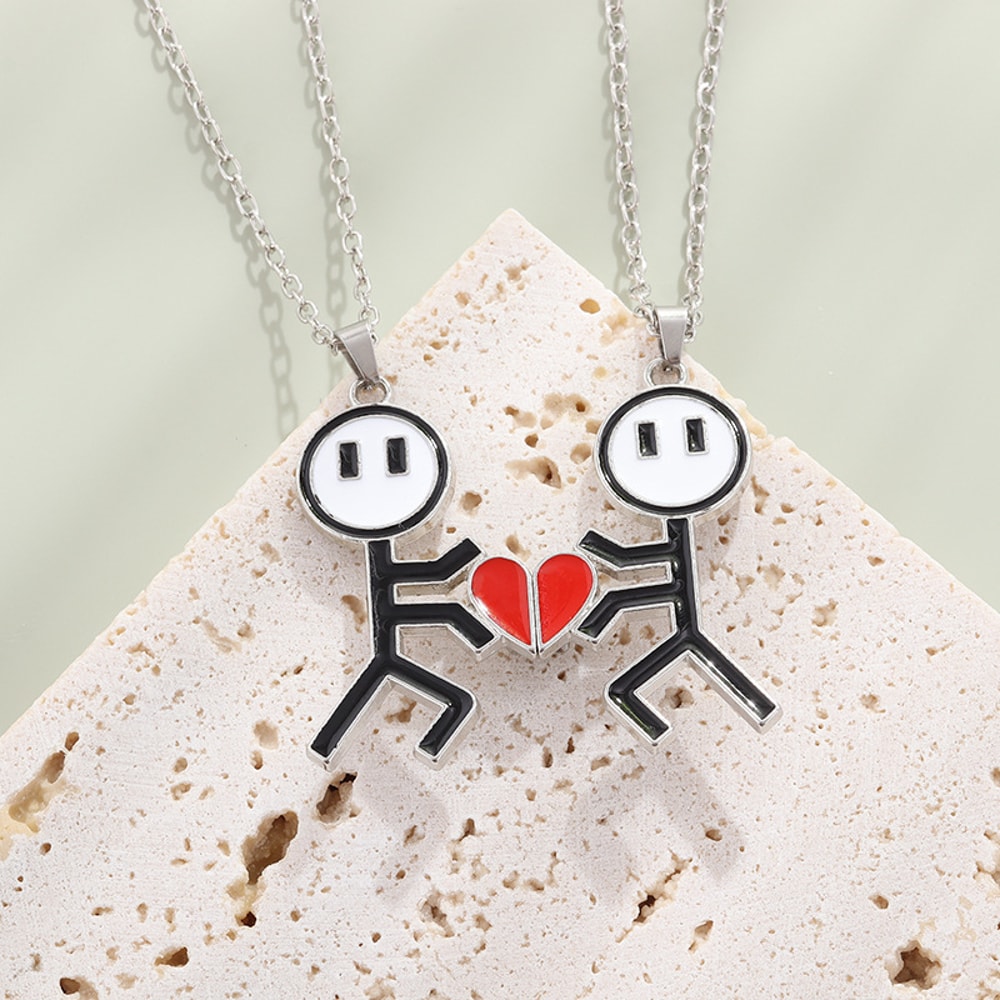Couple Magnetic Necklace Simple Stickman Charm, Splicing Heart Pendant Jewelry Accessories, Romantic Gift