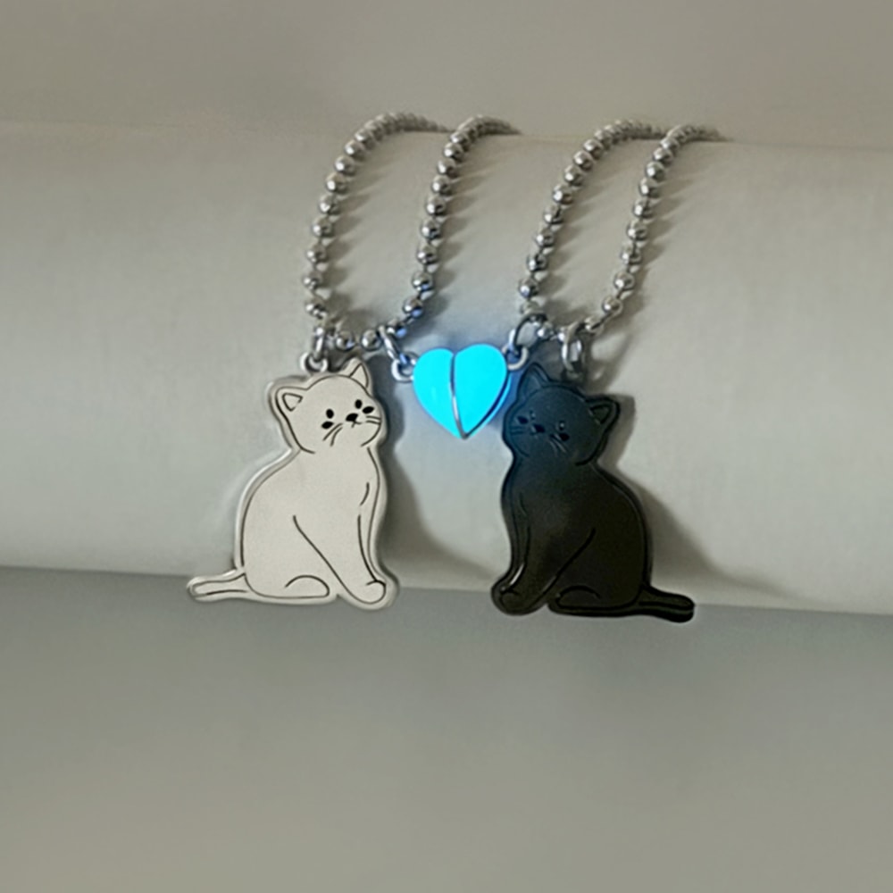Luminous Heart Shaped Magnetic Couple Necklace Set Stainless Steel Cat Pendant With Steel Bead Chai 0