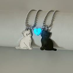 luminous heart shaped magnetic couple necklace set, stainless steel cat pendant with steel bead chain