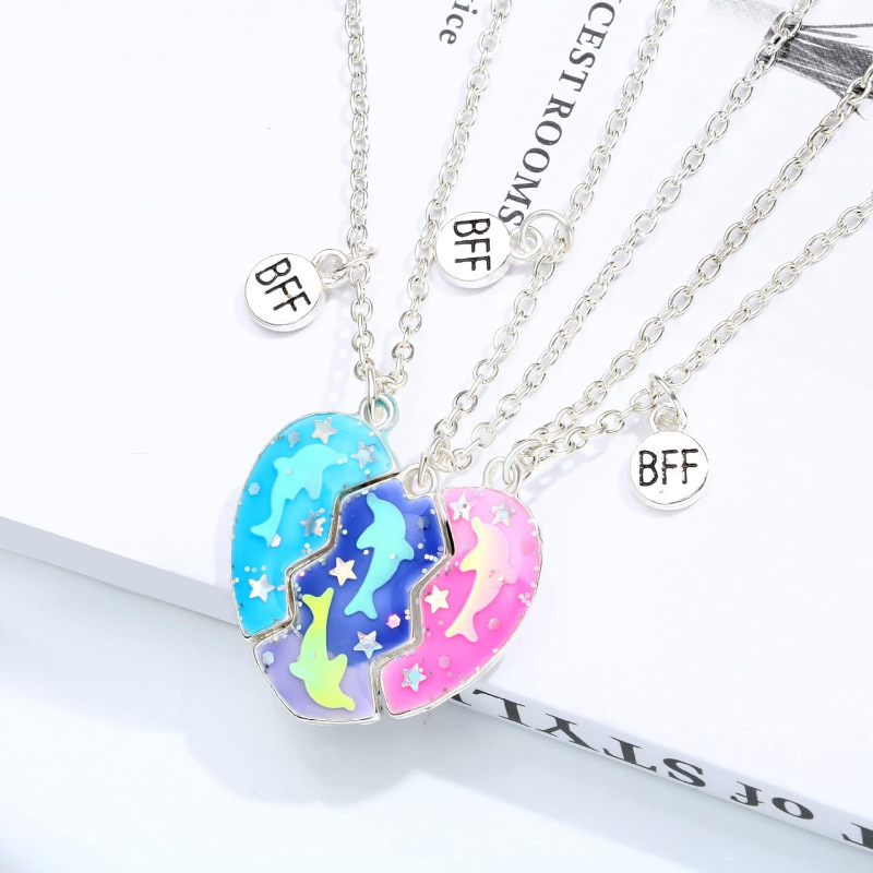 Magnetic Dolphin Friendship Necklace for 3 Girls, Best Friend Matching Heart Pendant, BFF Sister Animal Jewelry Set
