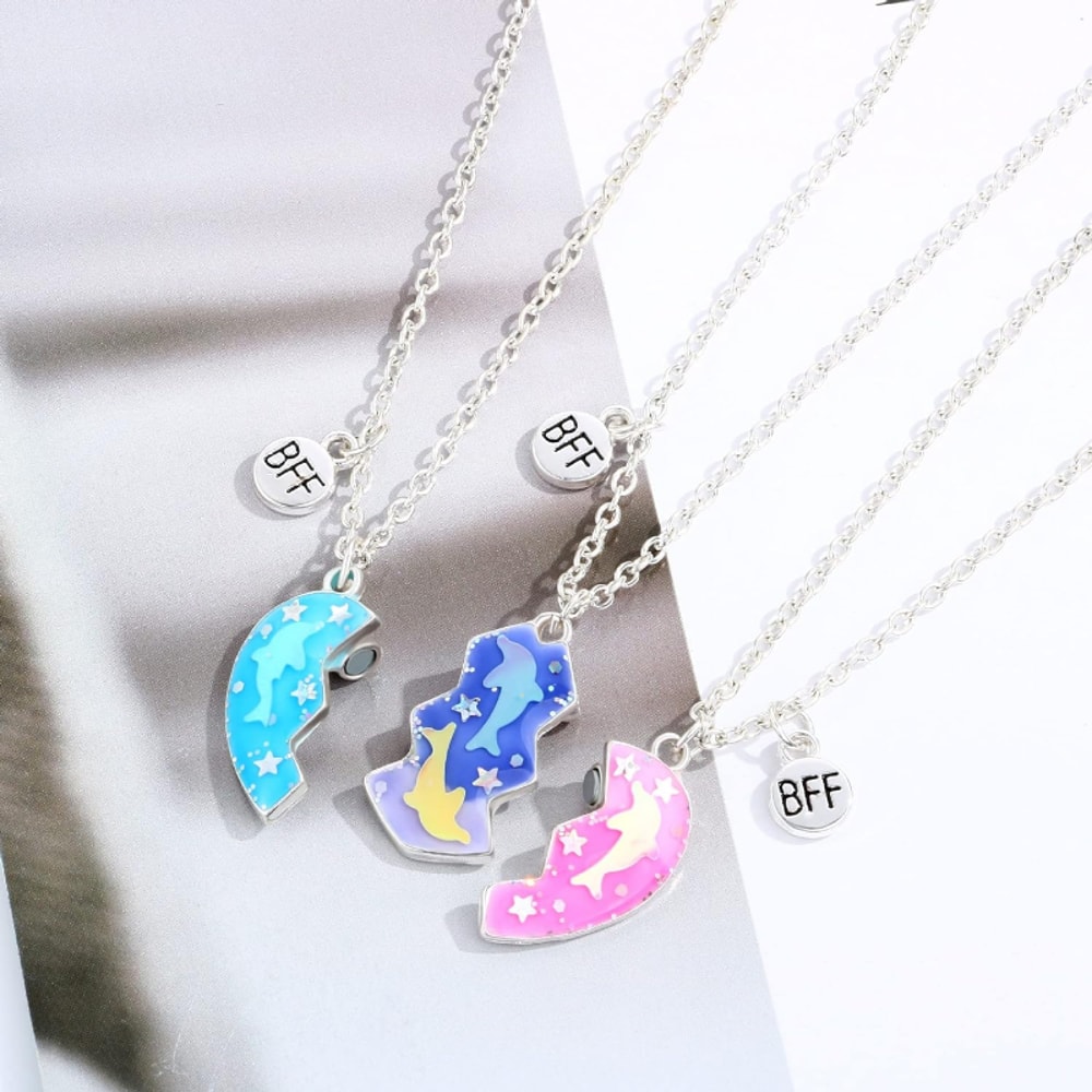 Magnetic Dolphin Friendship Necklace for 3 Girls, Best Friend Matching Heart Pendant, BFF Sister Animal Jewelry Set