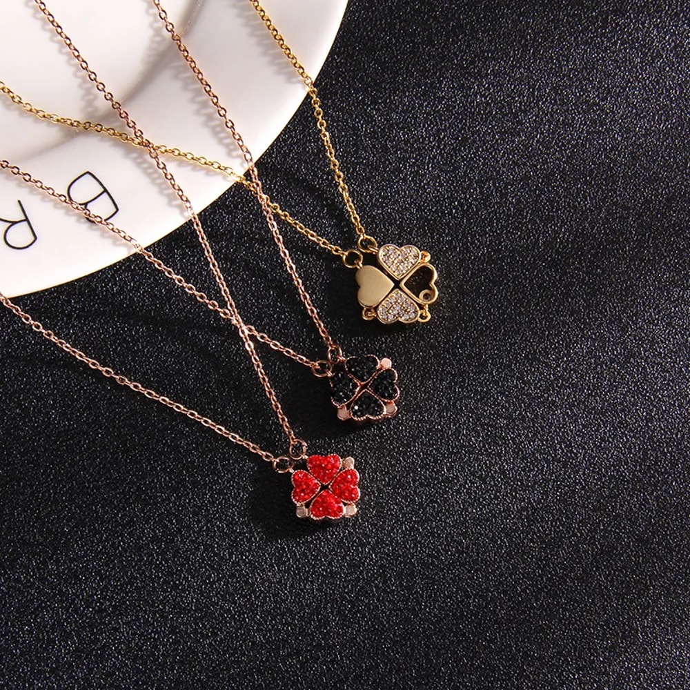 Ladies Clover Heart Shaped Clover Choker Red Black Double Side Love Magnetic Pendant Necklace Lucky 1