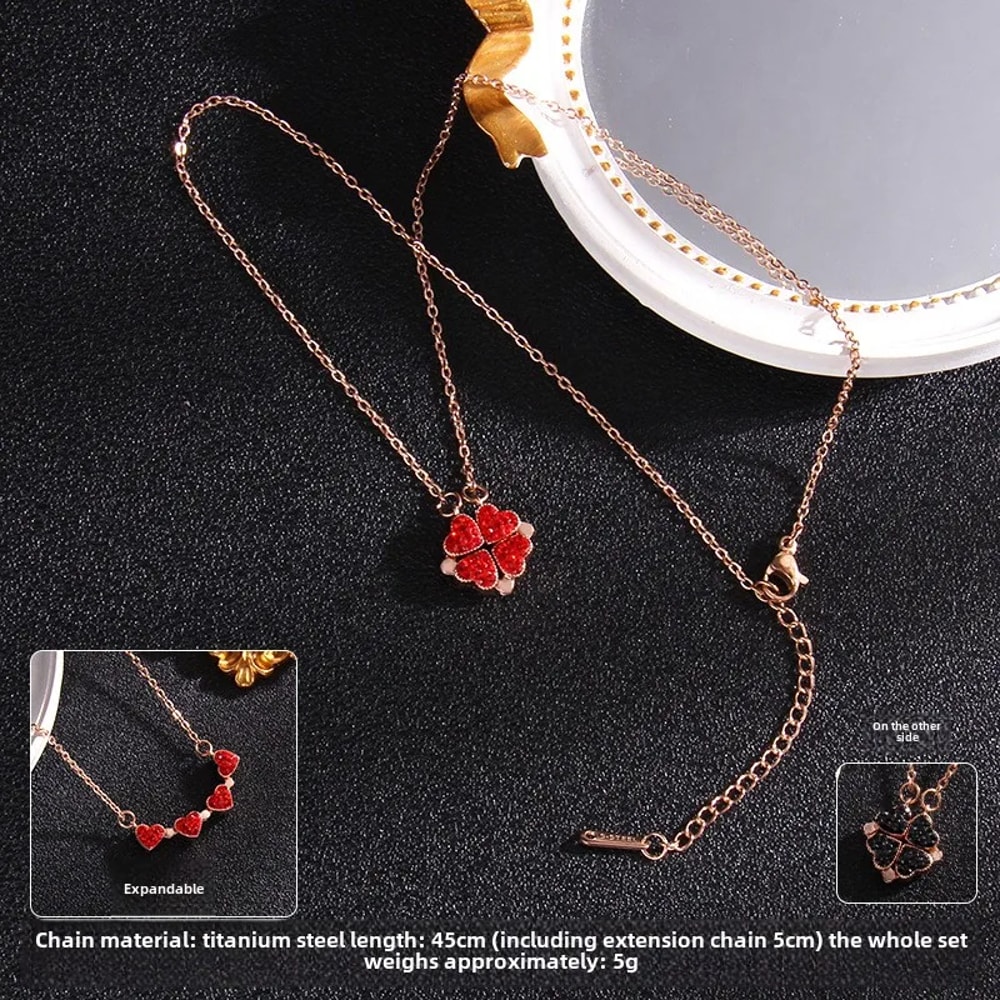 Ladies Clover Heart Shaped Clover Choker Red Black Double Side Love Magnetic Pendant Necklace Lucky 2