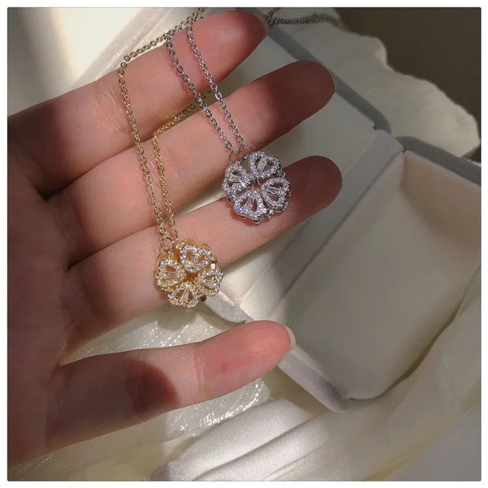 Openable Heart Four Leaf Clover Pendant Necklace, Vintage Magnetic Choker Jewelry, Women Zircon Love Gifts