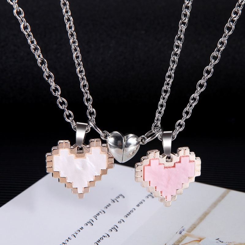Pixel Heart Couple Necklace Mosaic Magnetic Attraction Heart Pendant Necklace For Women Men Jewelry 1